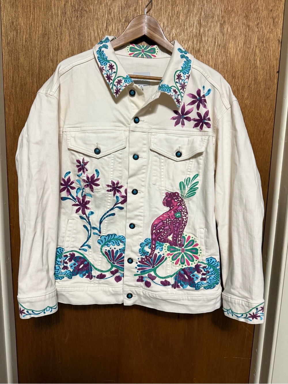 Jade Johnny Was White Denim Jacket with Teal & Magenta Embroidery